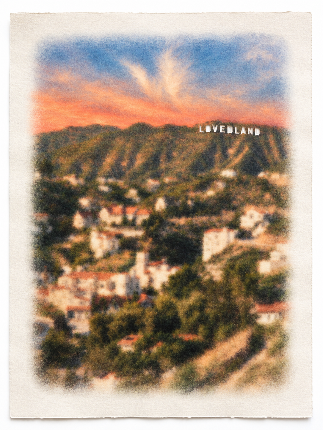 LOVEDLAND hillside at sunset, printed on textured paper